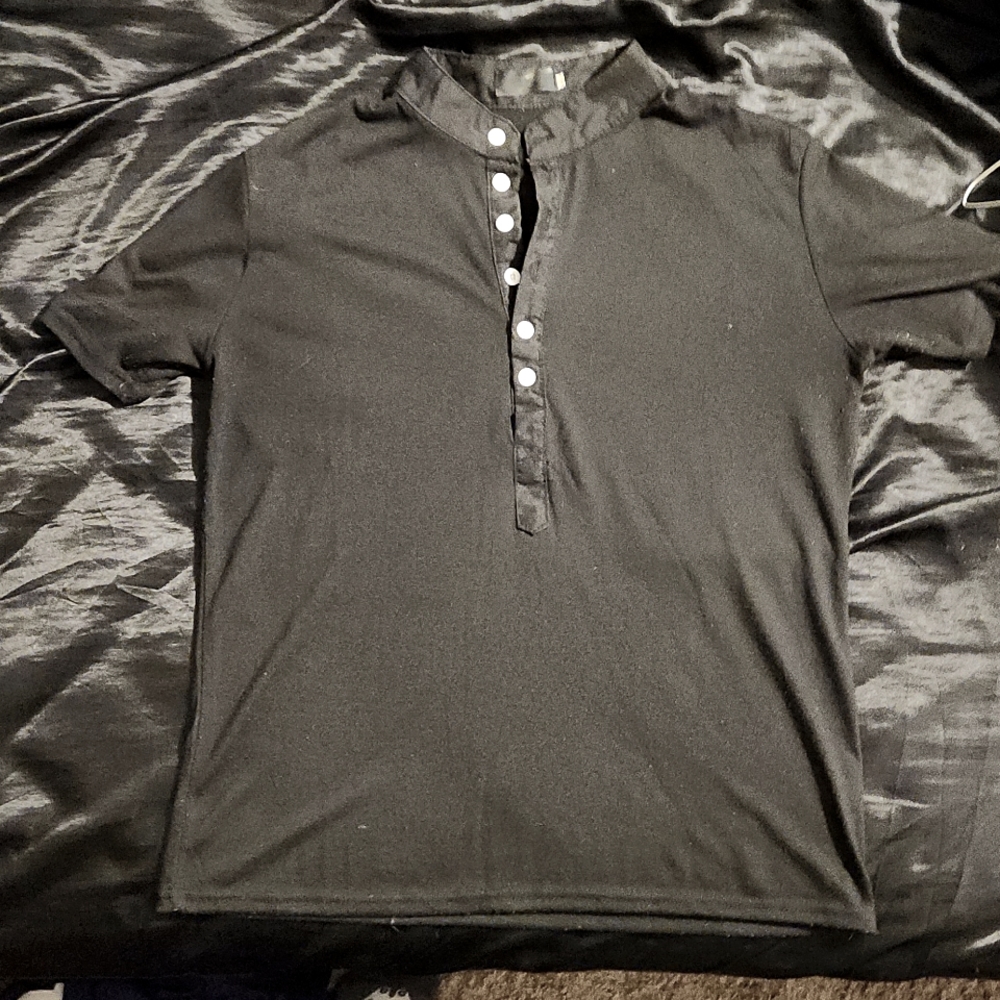 Stylish Short Sleeve Half Collar Button Down Men's Small S Black Shirt